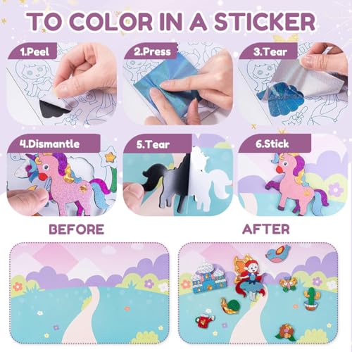 HASTHIP® 3D Sparkling Foil Art Kit for Kids Ages 6-12,DIY Peel and Stick Arts & Crafts Set,Creative Foil Painting Gift for Girls Beginner Craft Activity Birthday or Holiday