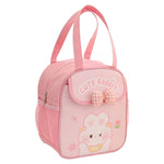 HASTHIP® School Lunch Box Bag Cute Cartoon Pink Bunny Print Thermal Lunch Box Bag with Insulated Foil Liner Side Pocket & Front Pouch Portable Outdoor Zipper Food Bag Picnic Bento Box Pouch