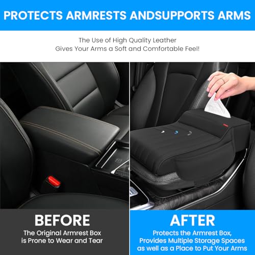 HASTHIP® Memory Foam Armrest for Car Center Console 3 in 1 Armrest Pad with Tissue Paper Box & Side Pocket Multifunctional Fashion PU Car Center Console Armrest Universal Car Armrest Cushion