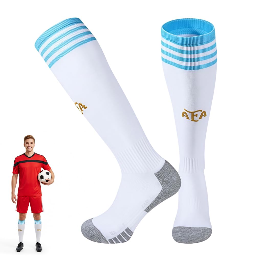 HASTHIP® Calcetines de Fútbol Transpirables para Niños y Adultos | Medias Deportivas Altas hasta la Rodilla | Calcetines Antideslizantes Elásticos para Niños, Niñas y Hombres - Blanco L