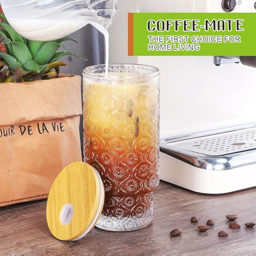 HASTHIP® 4 Pack Drinking Glasses with Wooden Lids & Bent Straws 11Oz Drinking Glasses Vintage Textured Clear Glasses Coffee Cup Drinks Cocktail Glasses Home Gift