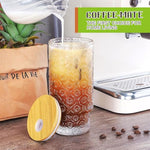 HASTHIP® 4 Pack Drinking Glasses with Wooden Lids & Bent Straws 11Oz Drinking Glasses Vintage Textured Clear Glasses Coffee Cup Drinks Cocktail Glasses Home Gift