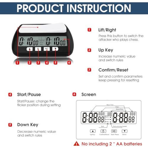 HASTHIP® Digital Chess Clock Timer, Chess Timer for Board Games, Professional Chess Timer with Bonus Delay Count Down Up Function, Batteries Not Included