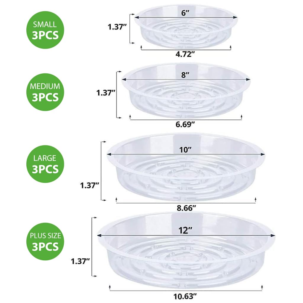 HASTHIP Plant Saucers for Indoor and Outdoor Use with Grooved Drainage Base 12 Pack | Clear Plastic Trays in 6 8 10 12 in Sizes