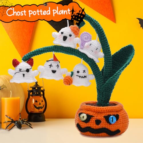 HASTHIP® Halloween Crochet Kit for Beginners, Complete DIY Spooky Ghost Pumpkin Tree Desk Decoration Set with Step-by-Step Instructions, Yarn Kit for Home, Office, Gift Crafting