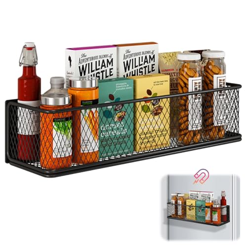 HASTHIP® Kitchen Organizer Basket Magnetic Metal Mesh Organizer Basket Spice Seasoning Jar Organizer Holder Multi-Purpose Home Organzier for Refrigerator, Whiteboard, 35 x10.5x8.5 cm