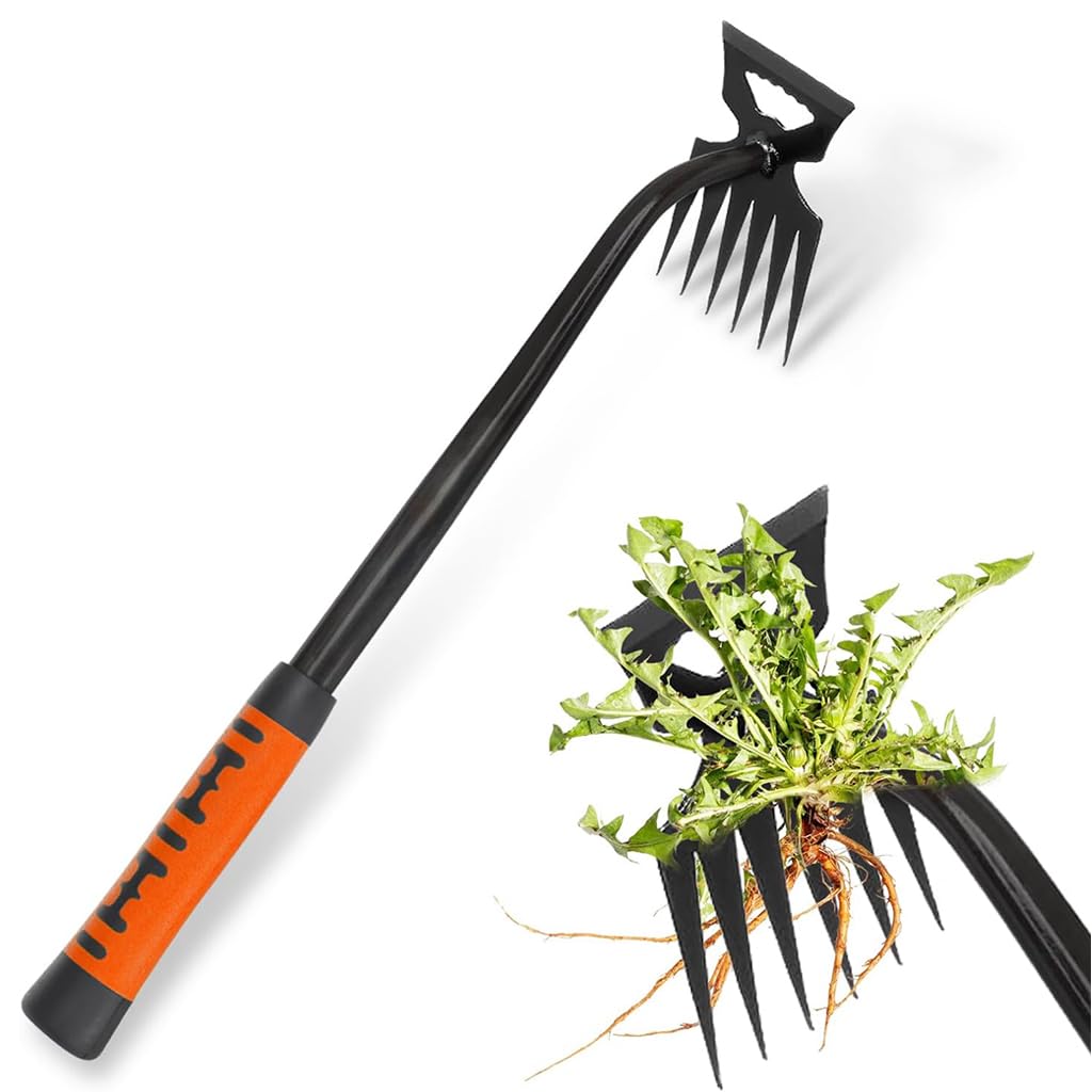 HASTHIP Weeder Hand Tool for Lawn and Garden with 15.7 in Steel 6 Claws | Rubberized Handle