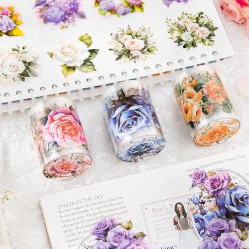 HASTHIP® 6 Rolls Floral DIY Scrapbooking Decorative Tapes Washi Tape Stickers PET Transparent Aesthetic for Journal Making Art Craft 3PCS