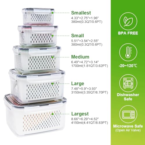 HASTHIP® 5PCS Kitchen Storage Box for Kitchen Used Fridge Storage Containers Set with Lid Airtight Container Boxes for Storage & Container Double Layer Fridge Organiser Storage Boxes with Drain Basket