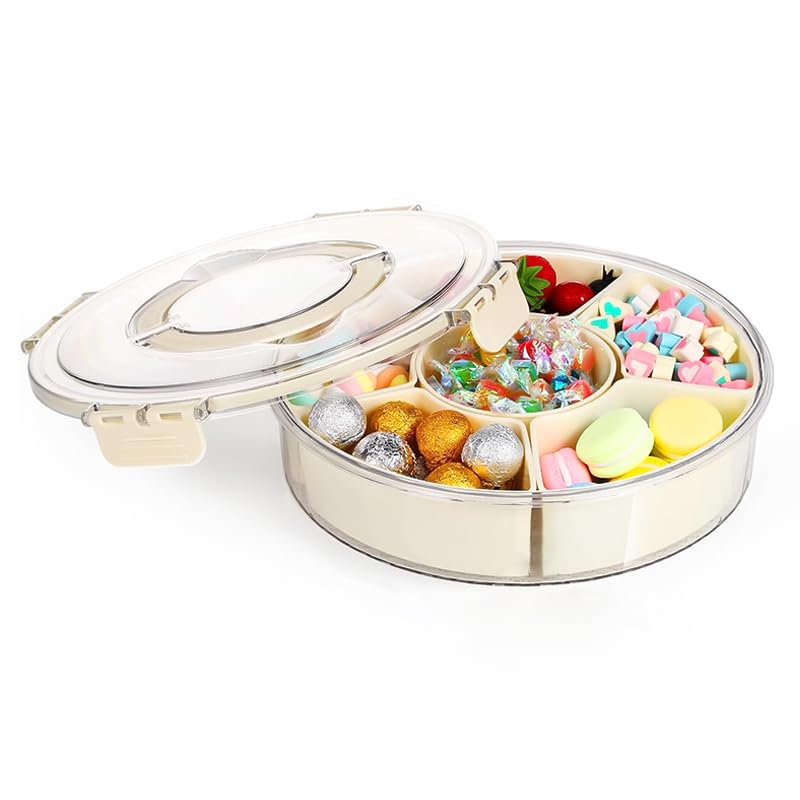 HASTHIP® 11 inch Divided Serving Tray with Lockable Lid & Folding Handle, 360 ° Rotation, 6-Compartment Food Container Food Platter for Serving Fresh Fruits, Dry Fruits, Mixed, Nuts, Snack