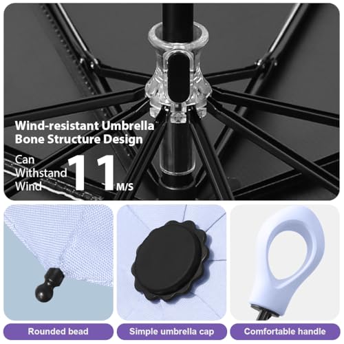 HASTHIP® UPF 50+ Travel Umbrella, Compact Folding Sun & Rain Umbrella with UV Protection Black Coating, Lightweight Windproof Design with Fiberglass Ribs & Rubberized Loop Handle, Purple