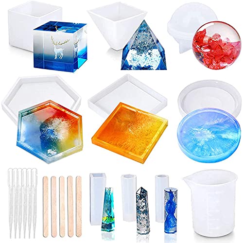 20 PCS Resin Moulds Silicone,Epoxy Casting Moulds Ashtray,Pen Holder,Flower Pot,Coaster,Pendants,Candle Molds,Candle Holders Sticks,Droppers for Resin DIY Craft