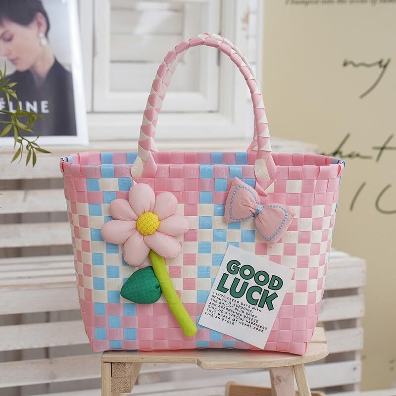 HASTHIP® Handwoven Kids Floral Picnic Basket, Colorful PP Woven Gift Handbag for Girls, Cute Fashion Carry Basket, 22×13×20 cm