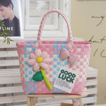 HASTHIP® Handwoven Kids Floral Picnic Basket, Colorful PP Woven Gift Handbag for Girls, Cute Fashion Carry Basket, 22×13×20 cm