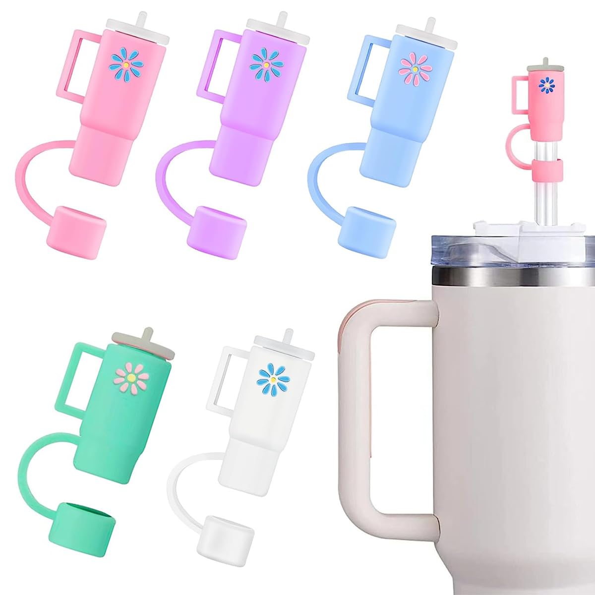 HASTHIP Straw Cover Cap Set for 10mm Cups with Anti Lost Handle and Food Grade PVC | 5PCS