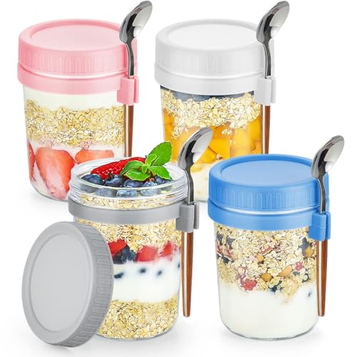 HASTHIP® 4 Pack Overnight Oats Containers with Lids and Spoons, 12oz Glass Mason Overnight Oats Jars, Large Capacity Airtight Jars for Milk, Cereal, Fruit