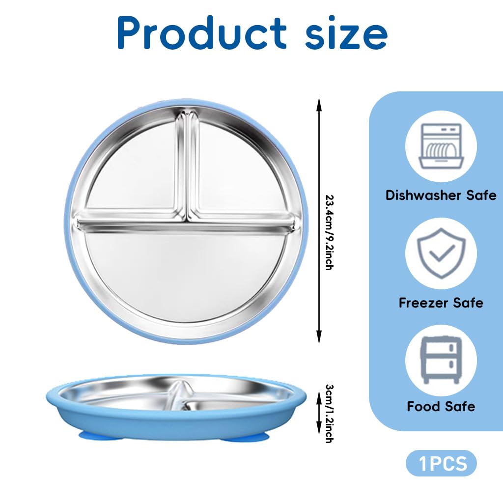 HASTHIP Kids Food Plate for Toddler Self Feeding with Suction Cups featuring 9 in 3 Compartment Stainless Steel Design