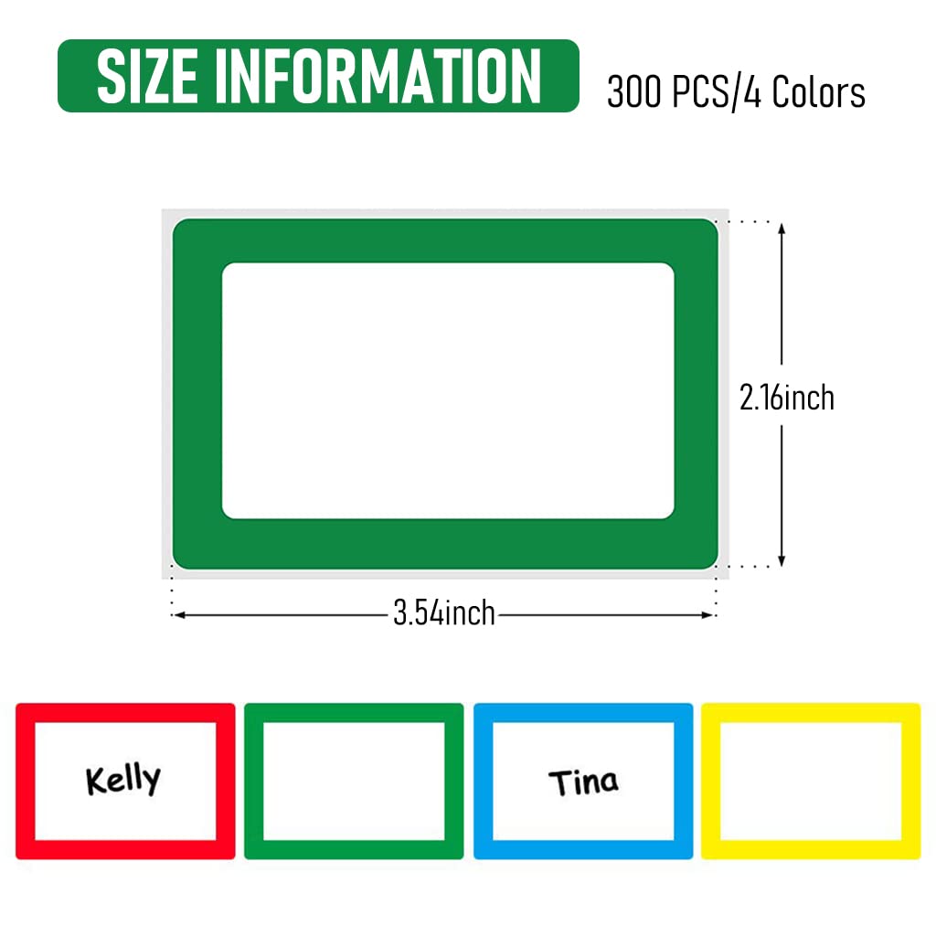 300 Sheet Colored Label Stickers, 3.5"x2.3" Self Adhesive Tags 4 Colors Name Tag Sticker for Office, School, Classroom, Meeting, Kindergarten, Parties, Warehouses, Clothes and Mailing