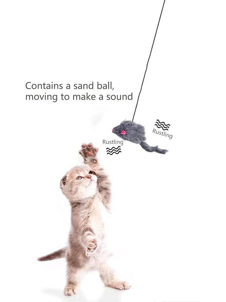 HASTHIP® Juguete Interactivo para Gatos,Varita con Cuerda Elástica Ajustable y Cinta Colorida,Juguete Colgante con Ratón de Felpa Teaser para Gatos de Interior Ejercicio y Diversión
