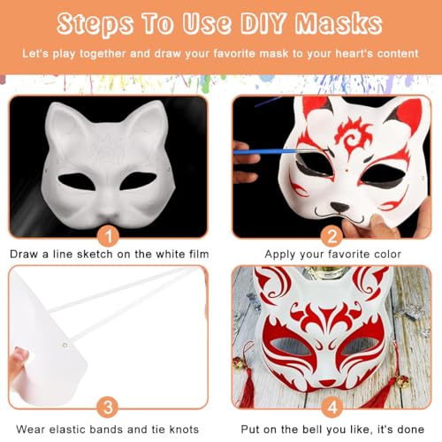 HASTHIP® 5pcs Cat Mask DIY Kit, Blank White Cat Face Masks for Kids Halloween, Graffiti Paintable Masquerade Costume Craft with Acrylic Paints, Brush Pens, Tassel & Sakura Bell Charms