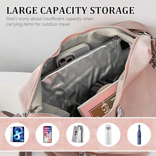 HASTHIP® PALAY Crescent Hobo Bag para Mujer,Bolsa de Hombro y Cruzada de Nailon,con Múltiples Bolsillos Bolso Casual Viaje Bolso Mano Convertible con Cadena y Lazo Rosa