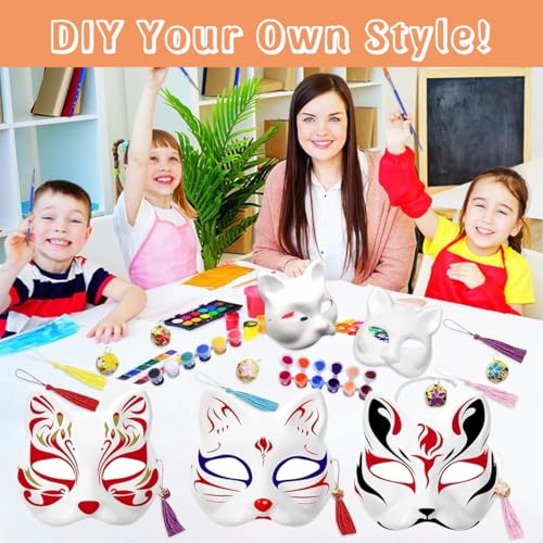 HASTHIP® 5pcs Cat Mask DIY Kit, Blank White Cat Face Masks for Kids Halloween, Graffiti Paintable Masquerade Costume Craft with Acrylic Paints, Brush Pens, Tassel & Sakura Bell Charms