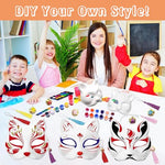 HASTHIP® 5pcs Cat Mask DIY Kit, Blank White Cat Face Masks for Kids Halloween, Graffiti Paintable Masquerade Costume Craft with Acrylic Paints, Brush Pens, Tassel & Sakura Bell Charms