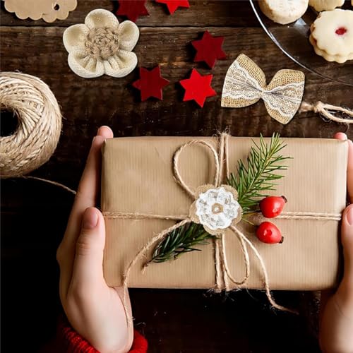 HASTHIP® Set of 20Pcs DIY Jute Burlap Ribbon Roll, Jute Rope for Craft includes 4 Rolls 2m Lace Fabric Ribbons for Gift Wrapping, 50m Hemp Thread, 4Pcs Bows for Decoration, 11Pcs Ribbon Flowers Decor