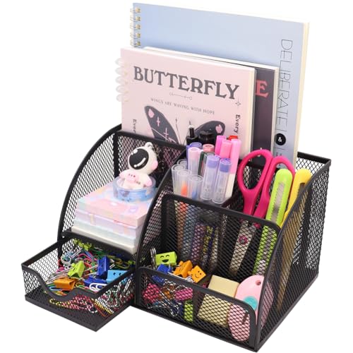 HASTHIP® 7-Compartment Metal Desk Organizer with Drawer, Modern Office Supplies Storage Rack, Pencil Holder, Craft Stationery Caddy, 22x14x13cm