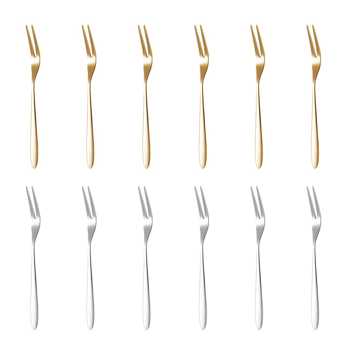 HASTHIP® 12Pcs Stainless Steel Fruit Fork Set, Mini Dessert Appetizer Cake Forks, Reusable Mirror Polished Pastry Forks for Parties, Weddings, Home & Restaurant (Golden & Silver 5.1")