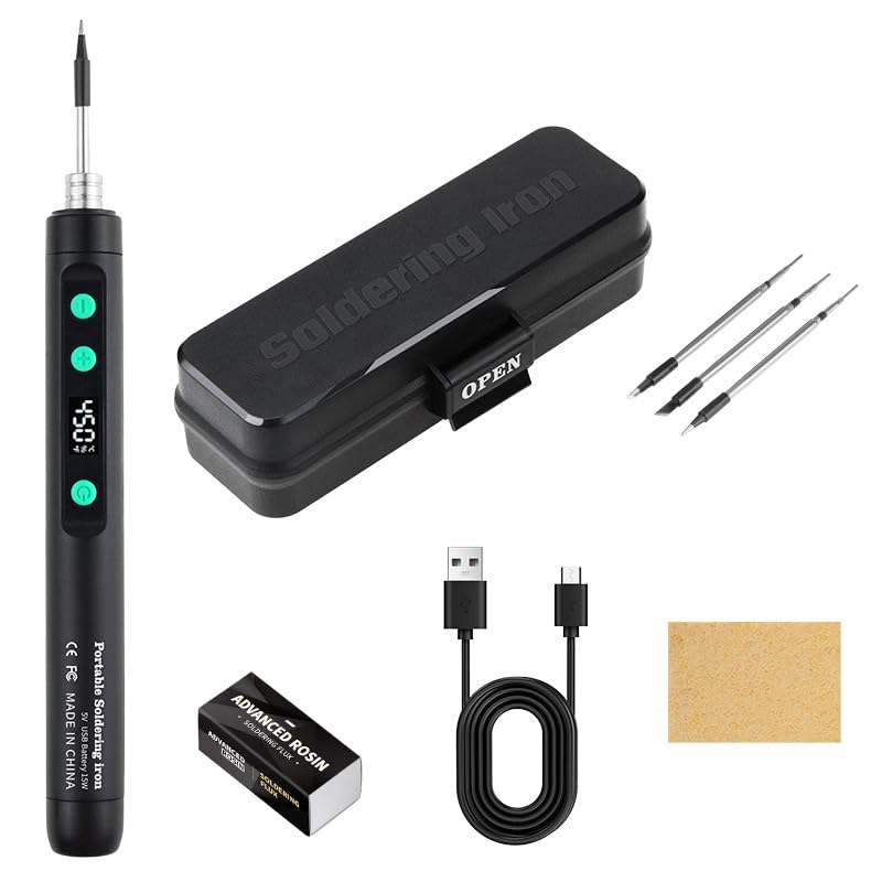 HASTHIP® 15W LCD Cordless Soldering Iron Kit 1100mAh Rechargeable, 180-450°C Adjustable Temperature, with 2 Replacement Tips, for Electronics Repair, DIY Crafts, Welding Tool Set-Red