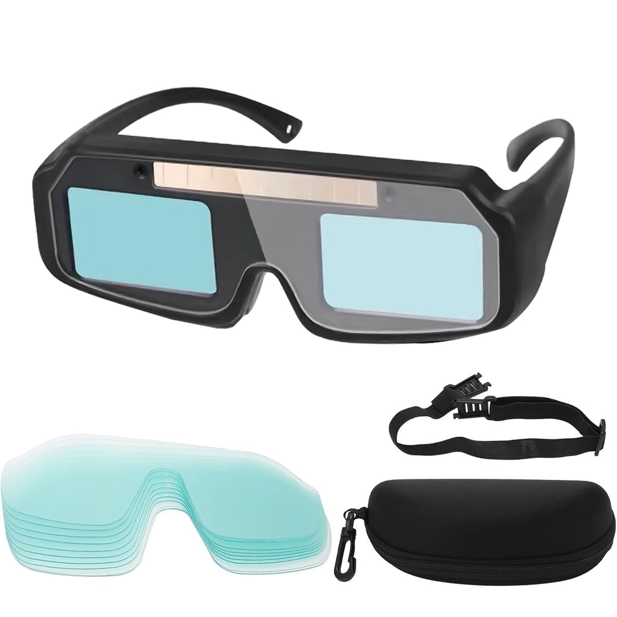 HASTHIP® Gafas de Soldadura Auto Oscurecibles con Correa,Gafas Protectores Solares Antideslumbrantes con 15 Lentes de Repuesto,Visión Clara para Trabajos Soldadura Pulido y Eléctricos