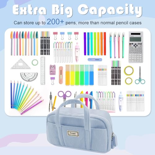 HASTHIP® Large Pencil Pouch for Girls Boys,Extra Big Case with 5 Compartments,Zippered Organizer for Women Cute Blue Aesthetic School Supplies Teens