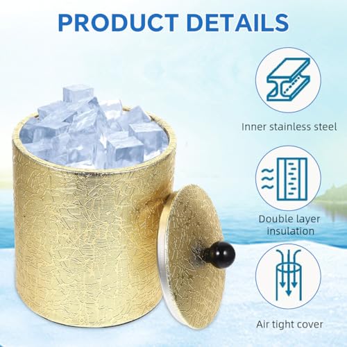 HASTHIP® Luxury Double Wall Stainless Steel Ice Bucket with Filter and Lid,Insulated Gold Whiskey Ice Container,PU Leather Covered Small Bar Holder for Home Party Club