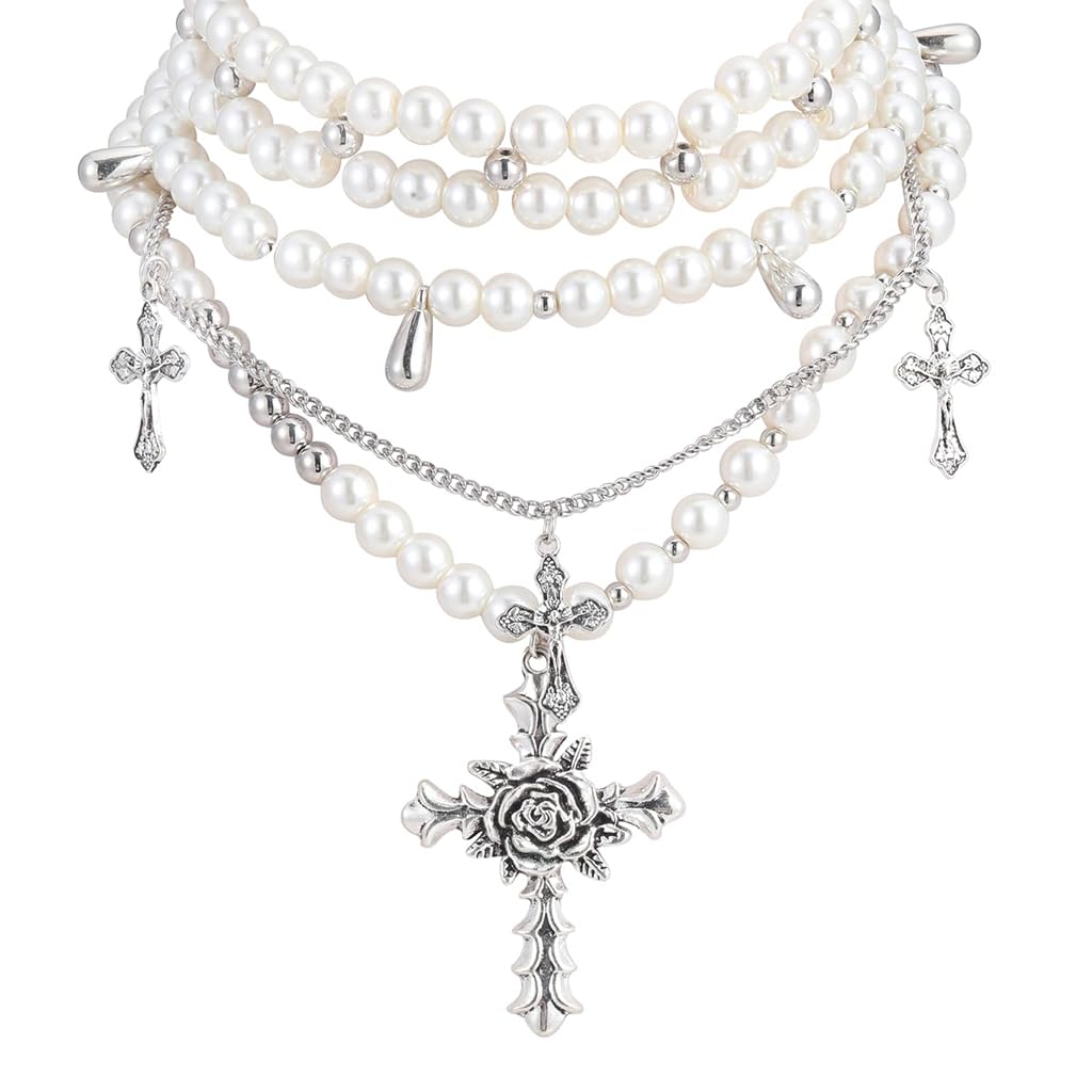 HASTHIP® Collar de Perlas para Mujer Gótica con Colgante de Cruz y Rosa,Collar en Capas Acero Inoxidable con Cuentas,Estilo Punk Estético Joyería Clásica y Moderna Regalo Elegante par