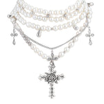 HASTHIP® Collar de Perlas para Mujer Gótica con Colgante de Cruz y Rosa,Collar en Capas Acero Inoxidable con Cuentas,Estilo Punk Estético Joyería Clásica y Moderna Regalo Elegante par