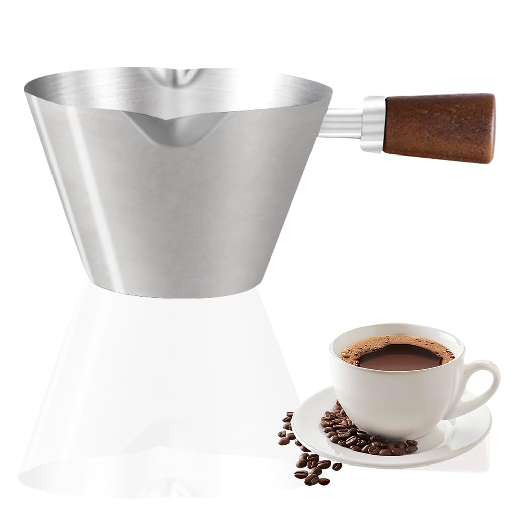 HASTHIP® 90ml Espresso Coffee Cup Brushed Stainless Steel Wooden Handle Measuring Cup Dual-way V-nozzle Design Kitchen Measuring Cup Small Oil Pot