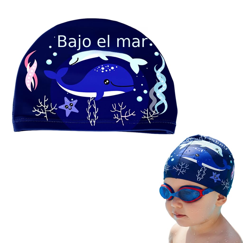 HASTHIP® Proberos Gorro de natación para niños con diseño de delfín de Dibujos Animados, Gorro de Piscina de poliéster para niños y niñas de 6 a 12 años