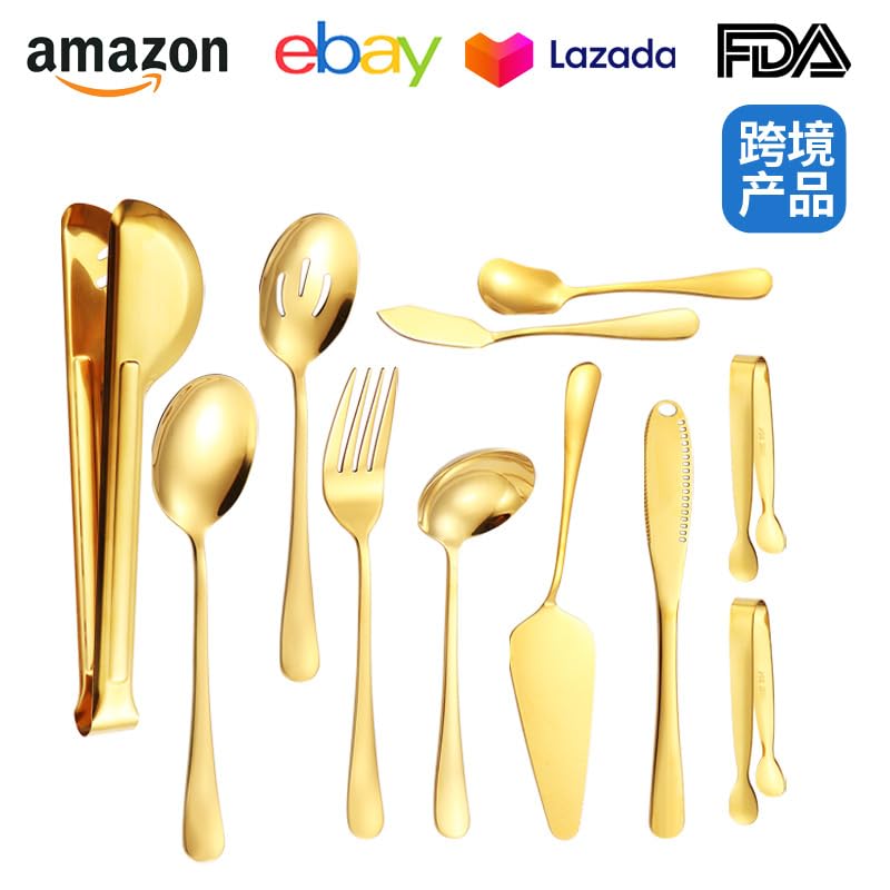 HASTHIP® 12 Pieces Serving Utensils Include Large Serving Spoons,Slotted Serving Spoons,Serving Forks,Serving Tongs,Appetizers Tongs,Soup Ladle and Pie Cake Server for Buffet Catering, Gold