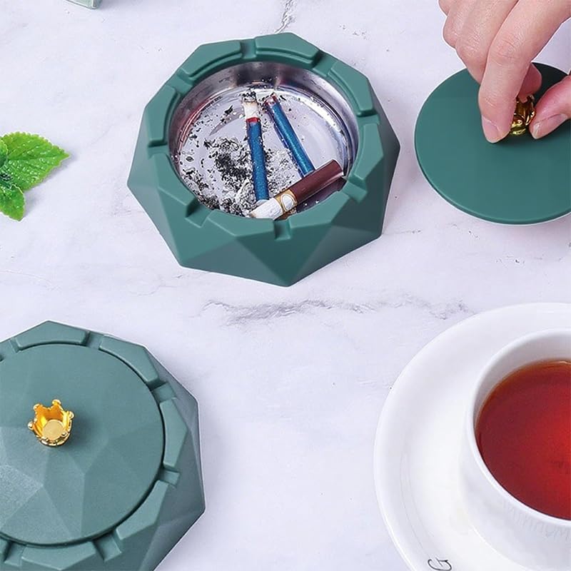 HASTHIP Fashion Desk Ashtray with Lid featuring Crown Handle and Stainless Steel Liner | Green Gift Choice