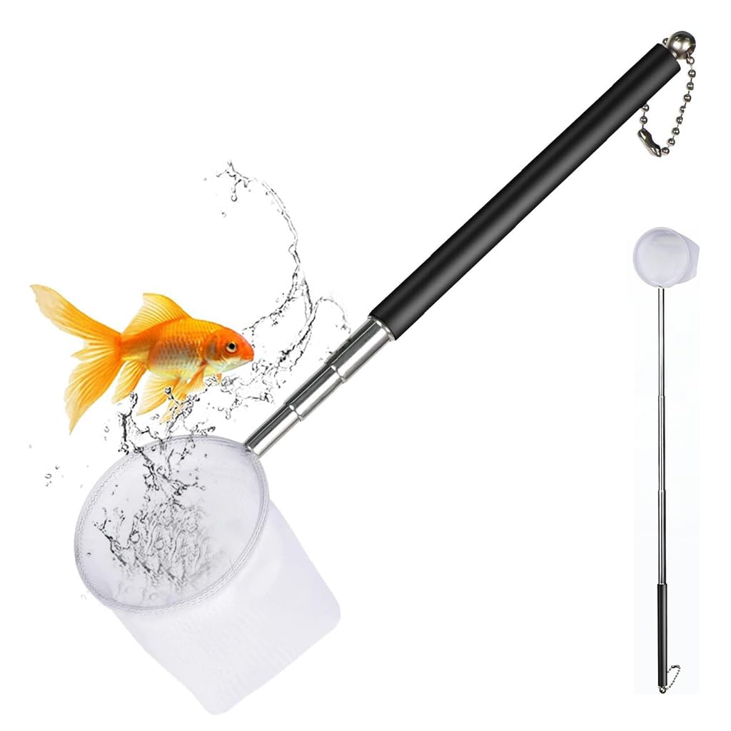 HASTHIP® Telescopic Fish Net for Aquarium,Adjustable 4-15 Inch Stainless Steel Handle,Anti-slip Nylon Mesh Fish Net for Small Tank Betta Shrimp Reptile Black