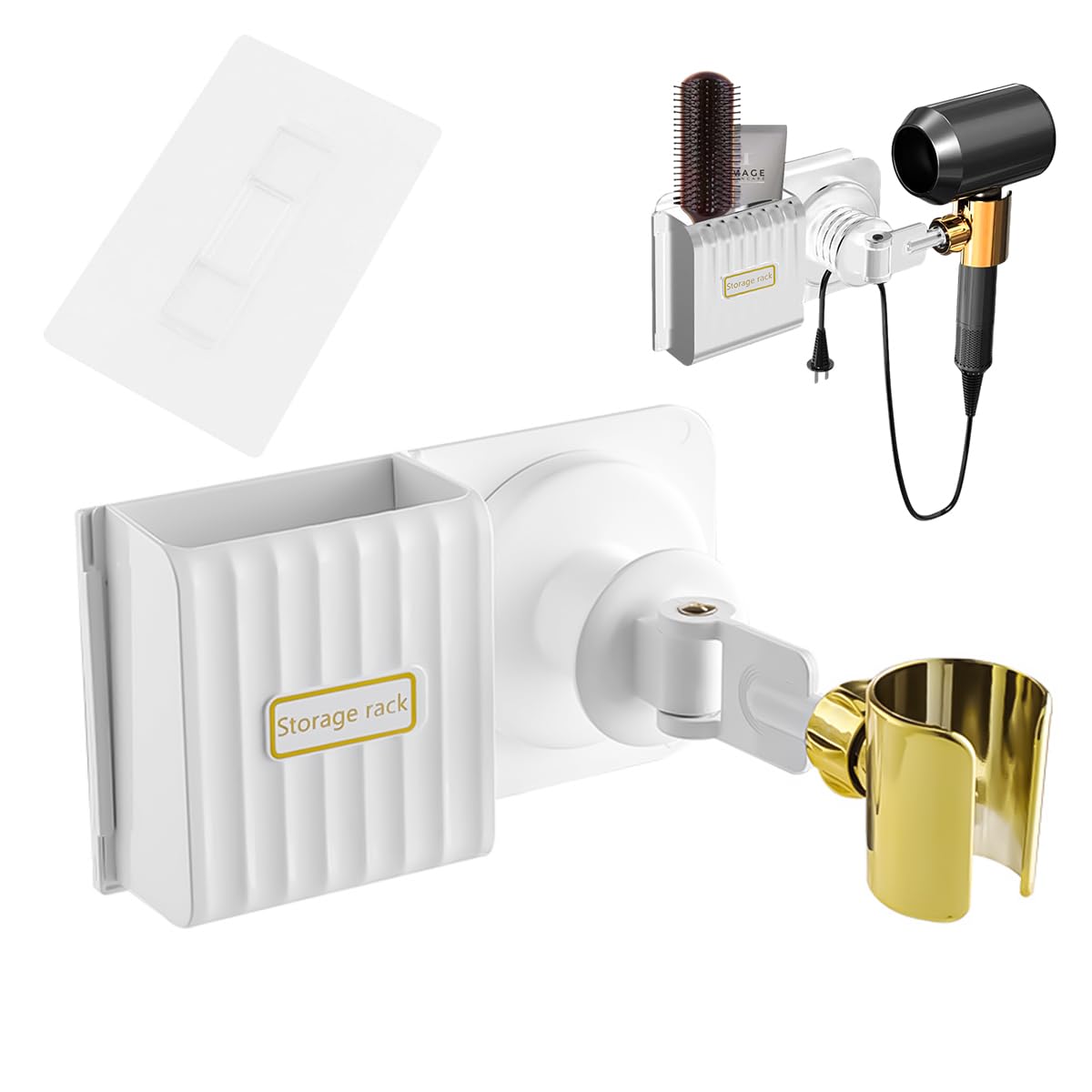 HASTHIP Hair Dryer Holder for Bathroom with 360° Rotatable Grip and Self Adhesive Storage Box