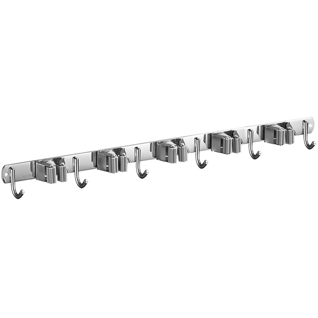 HASTHIP® Stainless Steel Wall Mounted Storage Rack (5 Racks with 6 Hooks, Silver) for Kitchen, Bathroom, Laundry Room, Garage, Broom Cabinet, Indoor and Outdoor