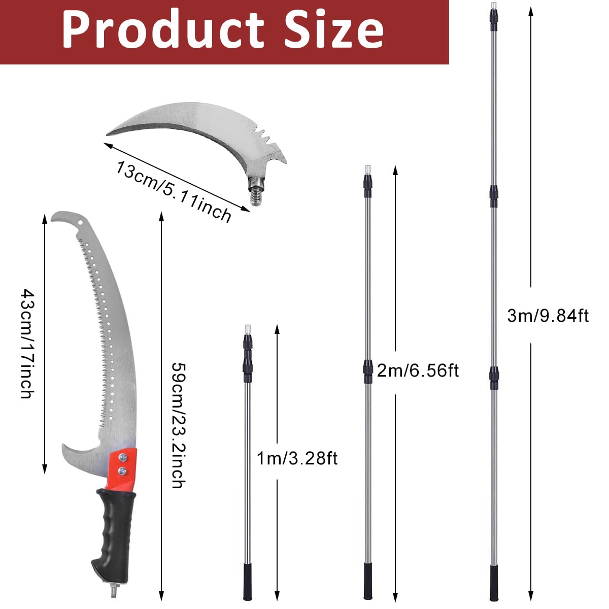 HASTHIP® Telescopic Manual Pruning Saw 9.8ft Extendable Stainless Steel Pole Saw Curved Hooked Blade Pruner Branch Trimmer for High Thick Branches Trimming