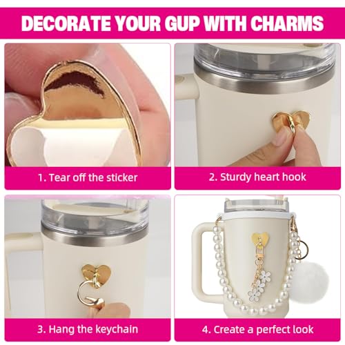 HASTHIP® For Stanley Cup Accessories Charm Kit Set 14PCS Sakura Silicone Straw Cap White Pearl Chain Handle Bottom Sleeve Cup NOT Included
