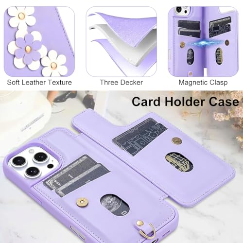 HASTHIP® for iPhone 16 Pro Max Case, Wallet with Card Holder, Cute Flower Design Crossbody Phone Purse for Women, PU Leather Magnetic Kickstand Shockproof Cover with Wrist Strap Phone Case 6.9"