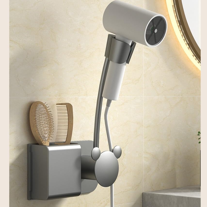 HASTHIP Hair Dryer Holder Wall Mount for Hands Free Styling with Flexible Gooseneck | Bathroom Organizer with Storage Compartment and Cable Management