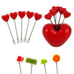 HASTHIP® ZIBUYU 10 Piezas de Tenedores de Fruta de Acero Inoxidable con Mango de corazón Rojo y Soporte de Almacenamiento en Forma de corazón de Resina para Cocina y Fiestas