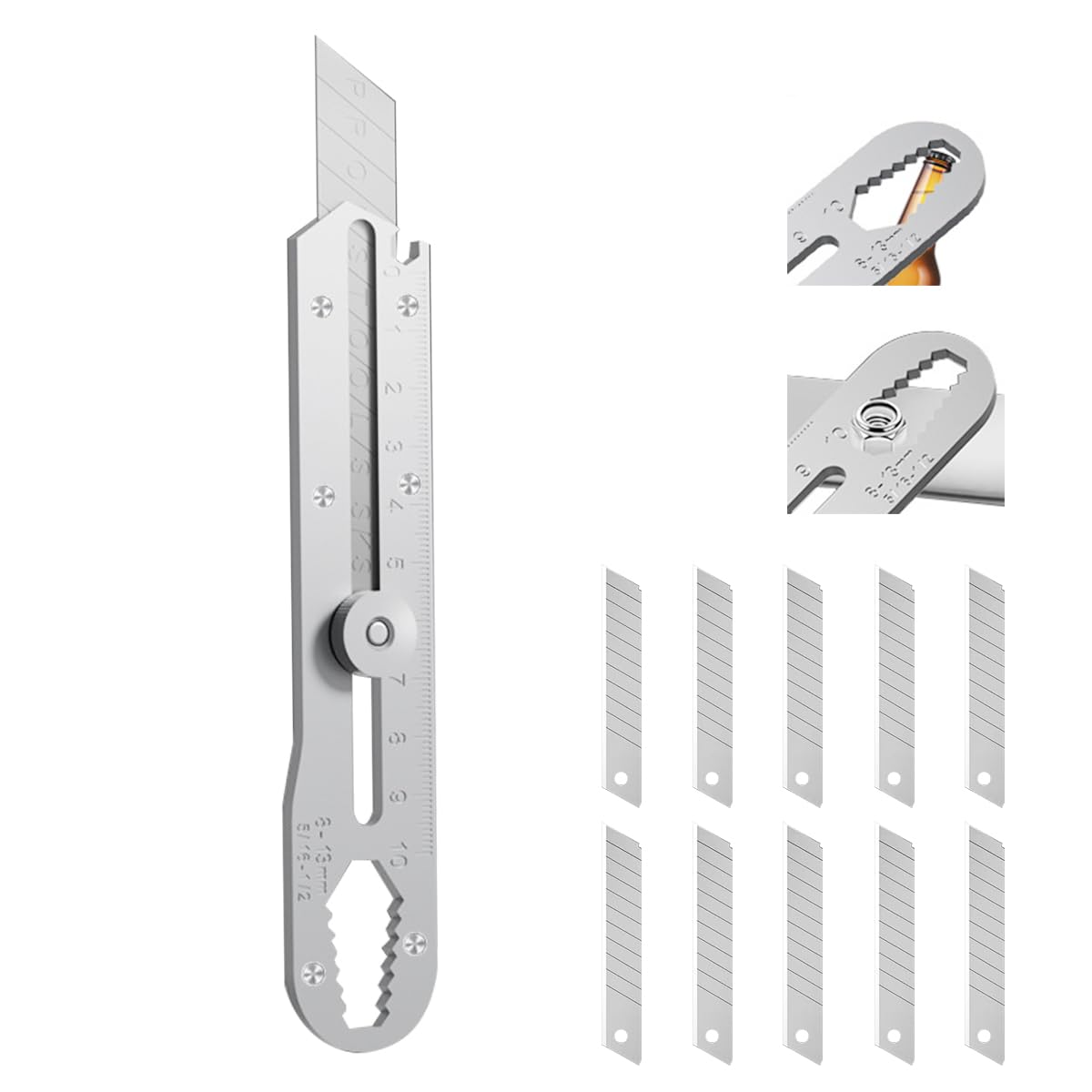 HASTHIP® Stainless Steel Utility Knife, Heave Duty Full Stainless Steel Retractable Box Cutter with 10PCS replaceable Blades, Multi-functional Extended Razor Knife for Office, Home, School