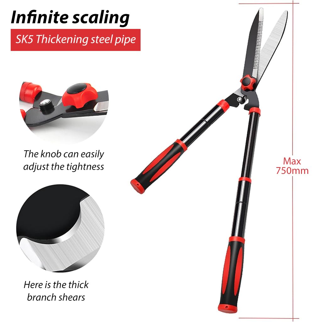 HASTHIP® Hedge Shear with Telescopic Handle, 7.4in Mn Steel Blade, Shock-Absorbing Bumpers and Blade Tension Control Knob, Professional Heavy Duty Garden Hedge Pruning Shears Trimmers Clippers